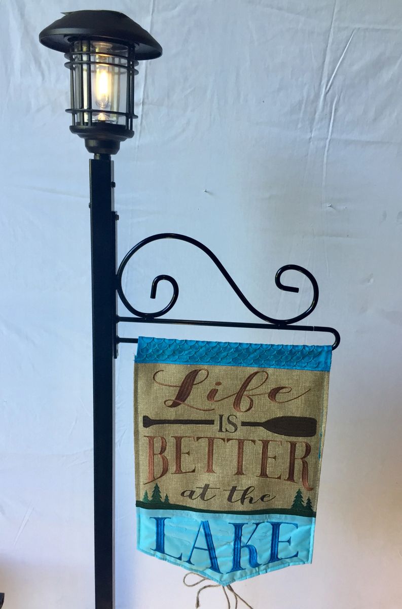 POST W/SOLAR LIGHT, SCROLL GARDEN FLAG HOLDER (No plant hook)